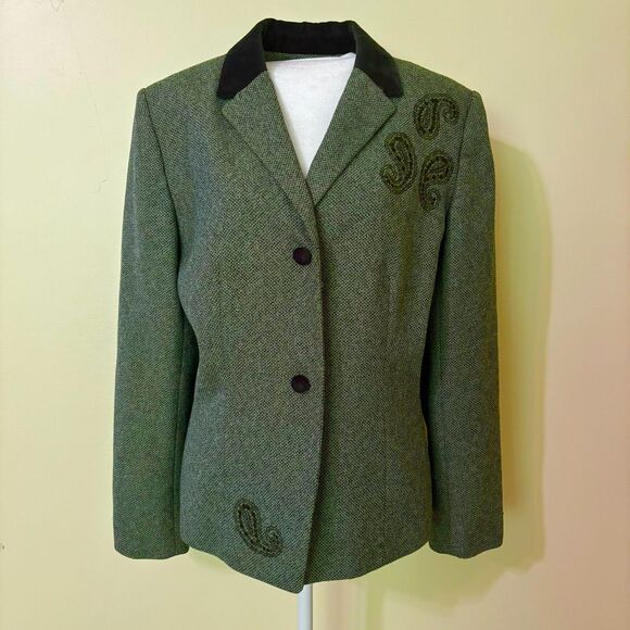 Vintage Judith Hart Blazer Womens 12 Green Paisley Embroidered Tweed 90s Jacket - Picture 4 of 16